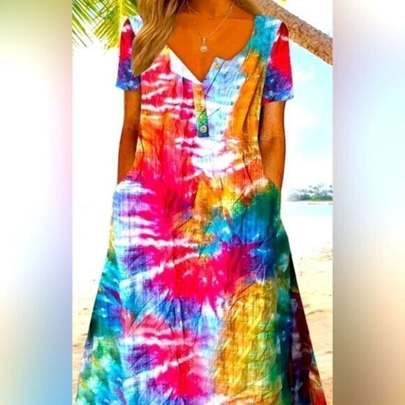 NWT Women’s Plus Size Tie Dye Rainbow Color Summer Short Sleeve Maxi Dress - 3XL - Picture 1 of 4